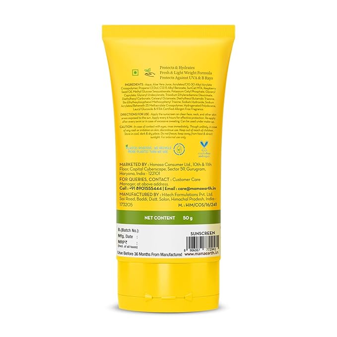 Mamaearth HydraGel Sunscreen | SPF 50 & PA++++ Sun Protection | Helps Fight UVA & UVB Rays with Aloe Vera & Raspberry | Hydrating & Lightweight Gel Based Lotion | 1.69 Fl Oz (50ml)