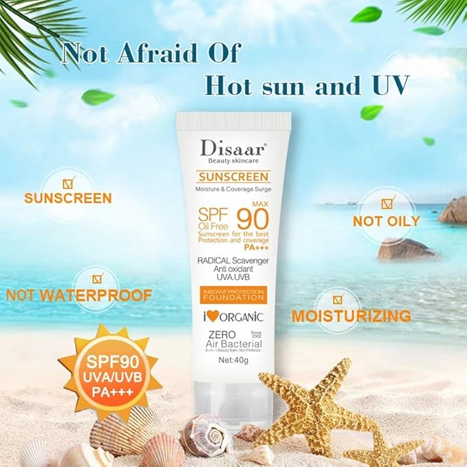 SPF 90 Sunscreen Instant Protection UVA UVB Foundation PA+++ Oil Free Sunblock Cover Protect Perfectly Moisturizing Coverage Surge 40g