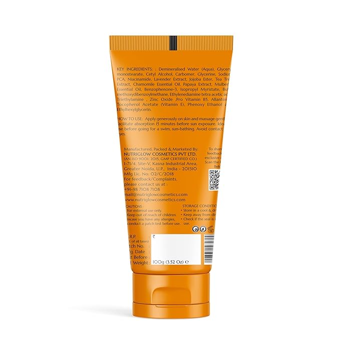 NutriGlow NATURAL'S Advanced Pro Formula Papaya Sunscreen SPF 50, No White Cast, Lightweight For Oily & Dry skin, 3.5Oz