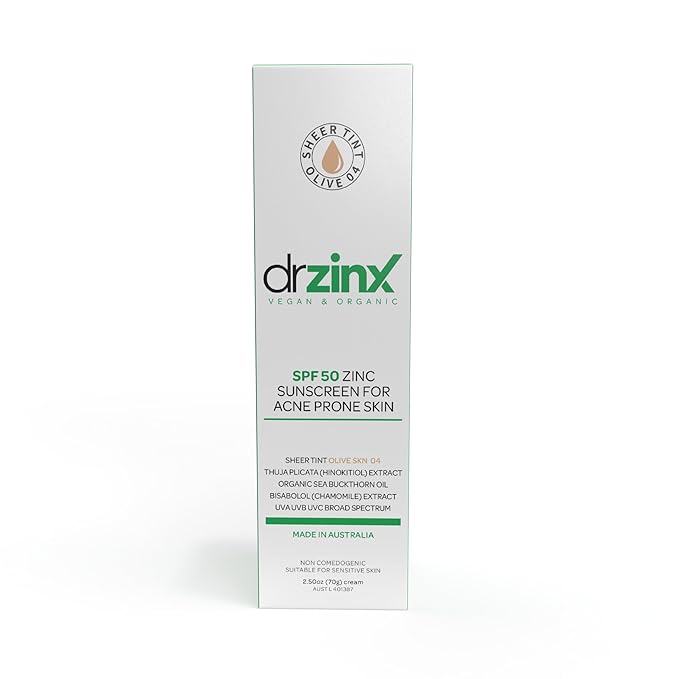 Dr ZinX Organic Mineral Sunscreen for Acne Prone Skin SPF50, OLIVE Tint, Zinc + Hinokitiol (Cedar Oil)