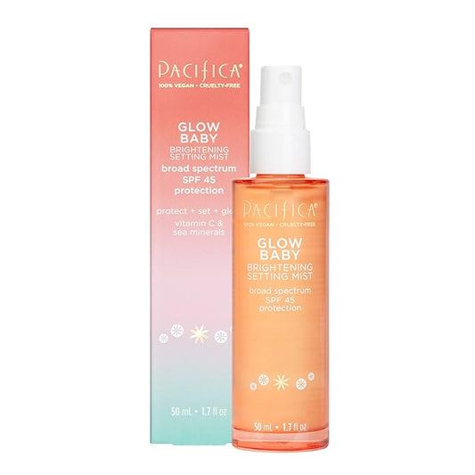 Pacifica Beauty Glow Baby Brightening Setting Mist, Broad Spectrum SPF 45, Makeup Setting Spray, UVA/UVB Protection, Blue Light Protection, Facial Mist, Suncare, Skin Care, Vegan, 1.7 fl oz (1 Count)