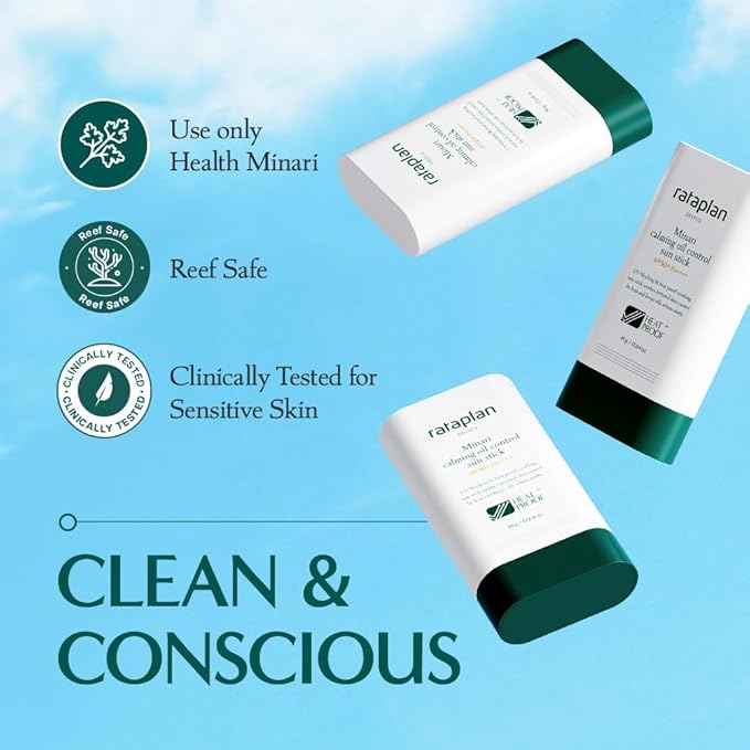 Rataplan Minari Calming Oil Control Sun Stick SPF 50+ PA++++ - Korean Sunscreen Stick for Face, Matte Sunscreen for Oily Skin, Reef Safe, Broad Spectrum, No White Cast, Korean Skincare