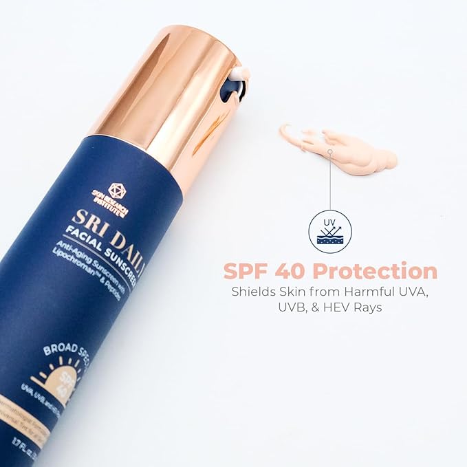 SRI Daily Facial Sunscreen - SPF 40 - Anti-Aging with Lipochroman & Peptides - Transparent Zinc Oxide - Universal tint & Weightless - 1.7 OZ