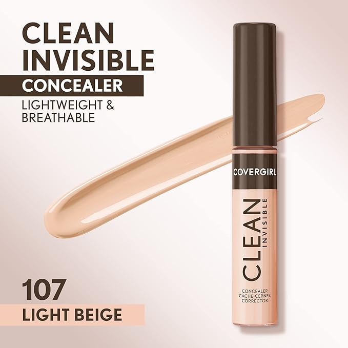 Covergirl Clean Invisible Concealer, Lightweight, Hydrating, Vegan Formula, Beige 107, 0.23oz