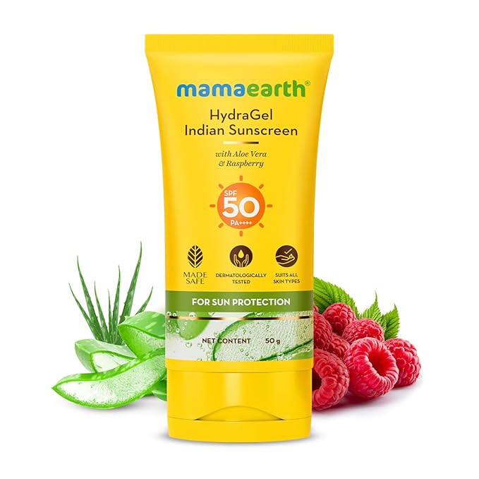 Mamaearth HydraGel Sunscreen | SPF 50 & PA++++ Sun Protection | Helps Fight UVA & UVB Rays with Aloe Vera & Raspberry | Hydrating & Lightweight Gel Based Lotion | 1.69 Fl Oz (50ml)