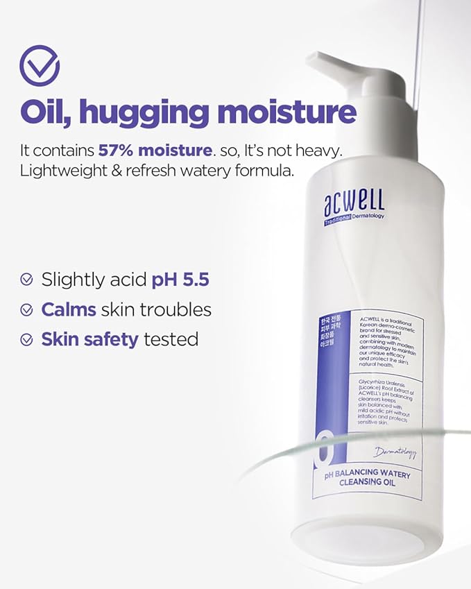 ACWELL pH Balancing Watery Cleansing Oil Facial Cleanser 6.76 fl.oz. - Makeup Cleansing Water Oil for Sensitive Skin, Lightweight Watery Oil Formula, Tea Tree Leaf Extract, Gentle Blackhead Cleanser