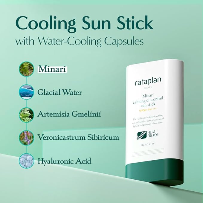 Rataplan Minari Calming Oil Control Sun Stick SPF 50+ PA++++ - Korean Sunscreen Stick for Face, Matte Sunscreen for Oily Skin, Reef Safe, Broad Spectrum, No White Cast, Korean Skincare