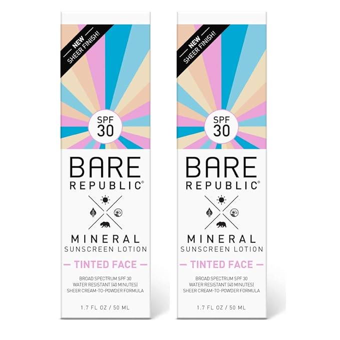 Bare Republic Tinted Mineral Sunscreen SPF 30 Sunblock Face Lotion, Sheer and Non-Greasy Finish, 1.7 Fl Oz, 2 Pack