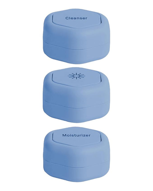 Cadence Travel Containers - Basic Skincare Set - Magnetic Travel Capsules - Facial Cleanser, Moisturizer, Sunscreen - 3 Small Capsules (0.56oz) with Cleanser, Moisturizer & Sun-Icon Label - Pacific