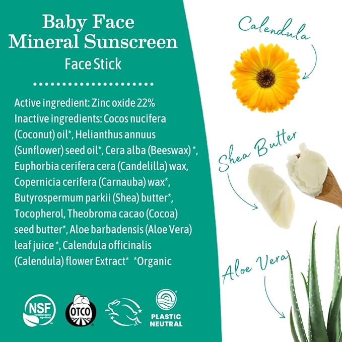 Earth Mama Baby Face Mineral Sunscreen Stick SPF 40 | Reef Safe, Non-Nano Zinc, Contains Organic Cocoa Butter & Aloe | Babies, Kids & Family 0.74-Ounce