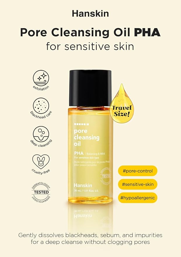 Hanskin PHA Trial Size Pore Cleansing Oil, Gentle Blackhead Cleanser and Makeup Remover for Combination and Oily Skin Travel Size Mini Makeup Remover Set [1 oz/Pack of 3]