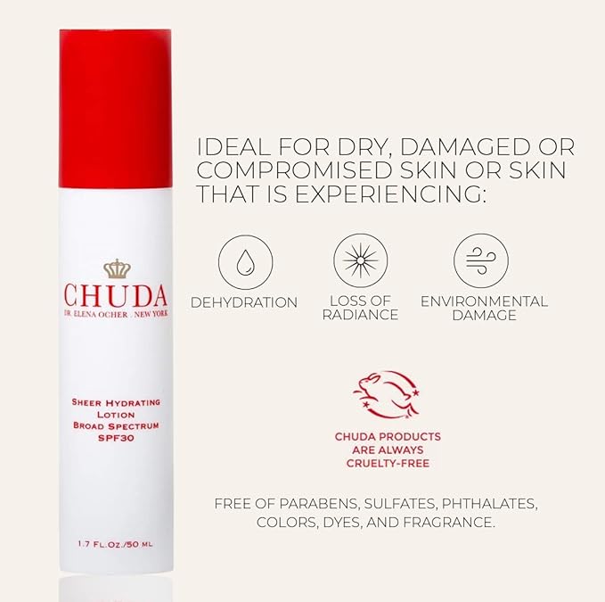 Chuda Sheer Hydrating Lotion Broad Spectrum SPF 30 – Sunscreen Face Moisturizer Cream – Vitamin-Rich Daily Moisturizer SPF – Sheer and Invisible Cover - Ideal for Dry, Sensitive Skin – 50ml