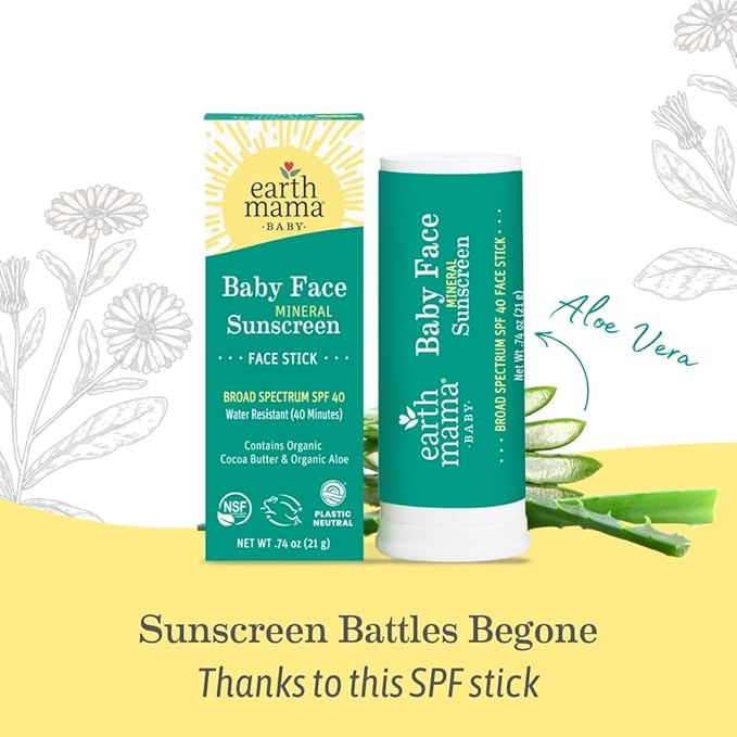 Earth Mama Baby Face Mineral Sunscreen Stick SPF 40 | Reef Safe, Non-Nano Zinc, Contains Organic Cocoa Butter & Aloe | Babies, Kids & Family 0.74-Ounce