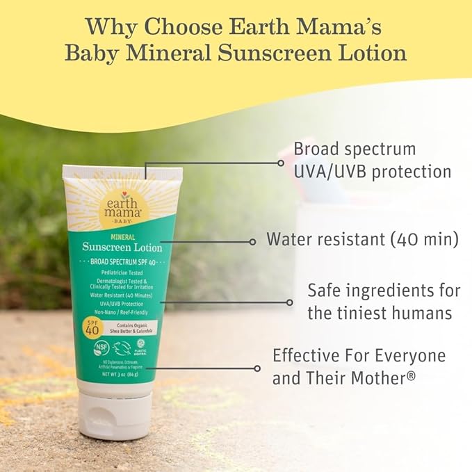 Earth Mama Baby Mineral Sunscreen Lotion SPF 40 | Reef Safe, Non-Nano Zinc, Natural Water Resistant Sun Cream for Babies, Kids & Adults, 3-Ounce (2-Pack)