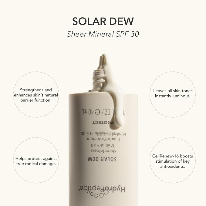 HydroPeptide Solar Dew Sheer Mineral Melt SPF30 Facial Moisturizer, Sunscreen & Primer, 1.35 Ounce