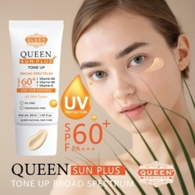 QUEEN SUN PLUS | TONE UP Sunscreen SPF 60 Primer-Anti Aging, Face Moisturizer- Vitamin B3, B5, E- Non-Greasy, Silky Touch, Instant dry-oil free, fragrance free by QUEEN NATURAL NEW YORK (Pack of 1)