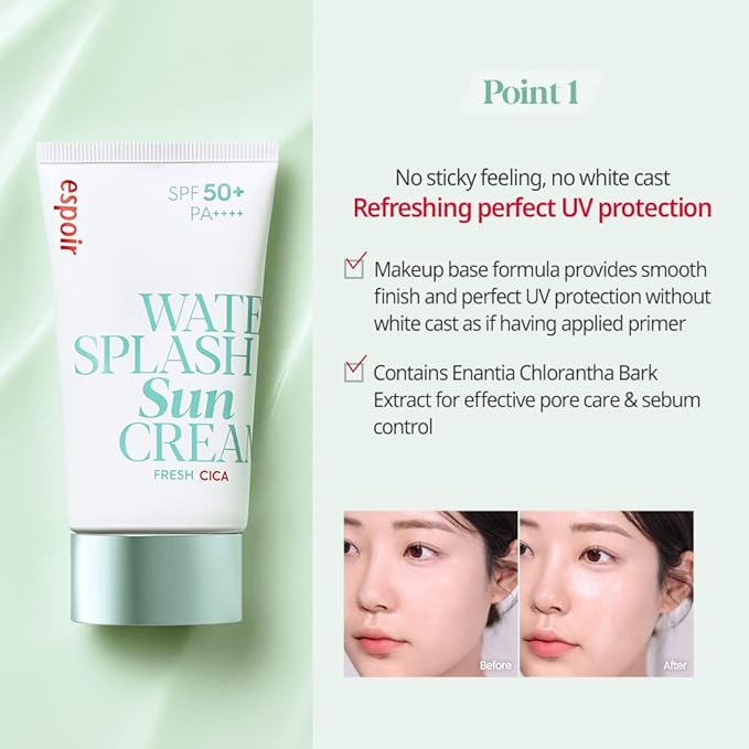 Espoir Water Splash Sun Cream Fresh Cica 2 oz SPF50+ PA++++ | Moisturizing and Soothing Vegan Sun Block Skin Care with Green Tea Cica | Substitute Sunscreen for BB Cream | Korean Base Makeup