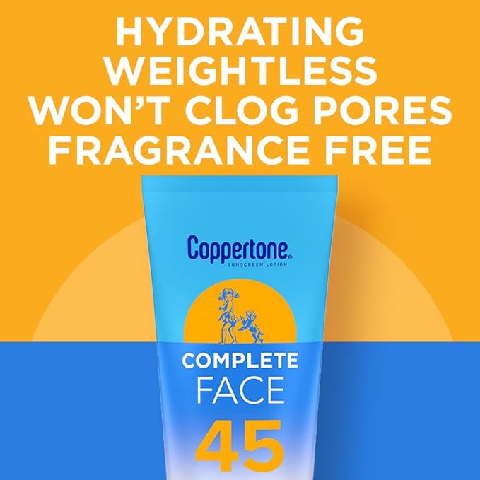 Coppertone Complete Face Sunscreen Lotion SPF 45, Weightless and Oil-Free, Water Resistant Sunscreen with Proven UVA/UVB Protection, 2.5 Fl Oz Tube