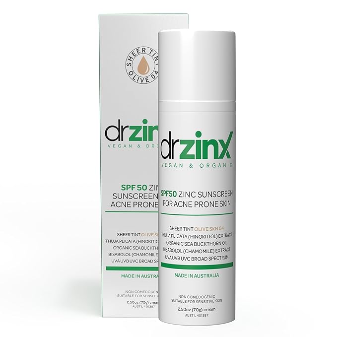 Dr ZinX Organic Mineral Sunscreen for Acne Prone Skin SPF50, OLIVE Tint, Zinc + Hinokitiol (Cedar Oil)