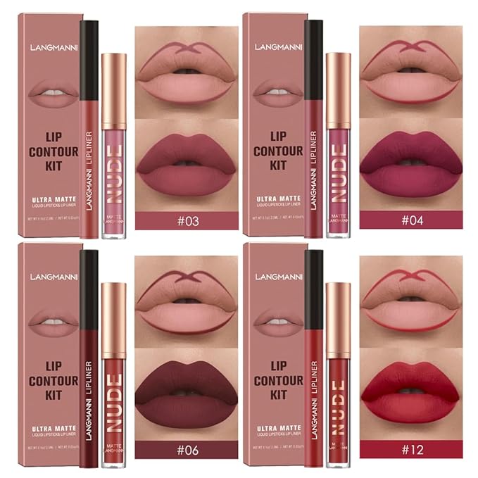 LANGMANNI 4pcs Matte Lipstick with Lipliners Durable Makeup Lipstick