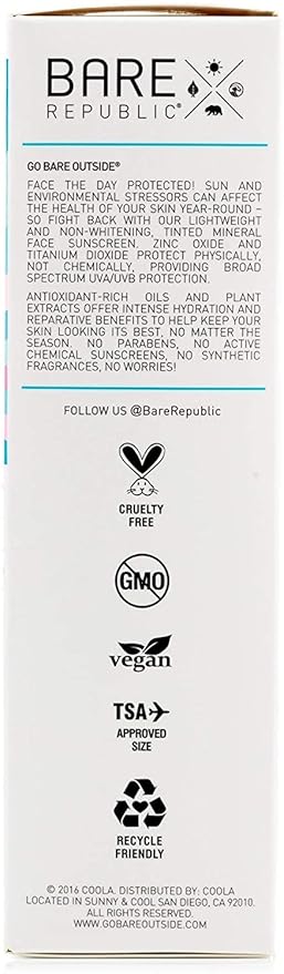 Bare Republic Tinted Mineral Sunscreen SPF 30 Sunblock Face Lotion, Sheer and Non-Greasy Finish, 1.7 Fl Oz, 2 Pack