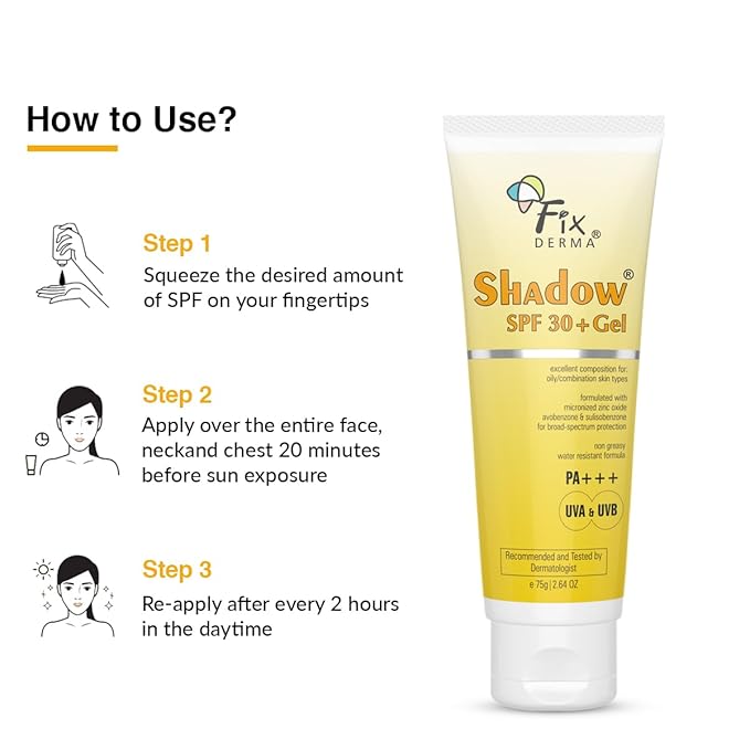 Fixderma Shadow SPF 30+ Gel, Dermatologist tested Offers SPF 30 +, Broad Spectrum UVA and UVB Protection, Water resistant sunscreen, Non-greasy sunscreen, Offers PA++ Protection, SPF 30 Gel- 2.6Oz