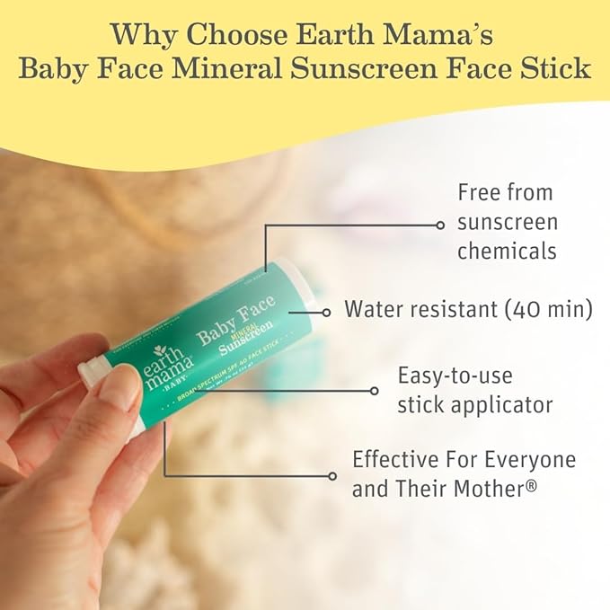 Earth Mama Baby Face Mineral Sunscreen Stick SPF 40 | Reef Safe, Non-Nano Zinc, Contains Organic Cocoa Butter & Aloe | Babies, Kids & Family 0.74-Ounce