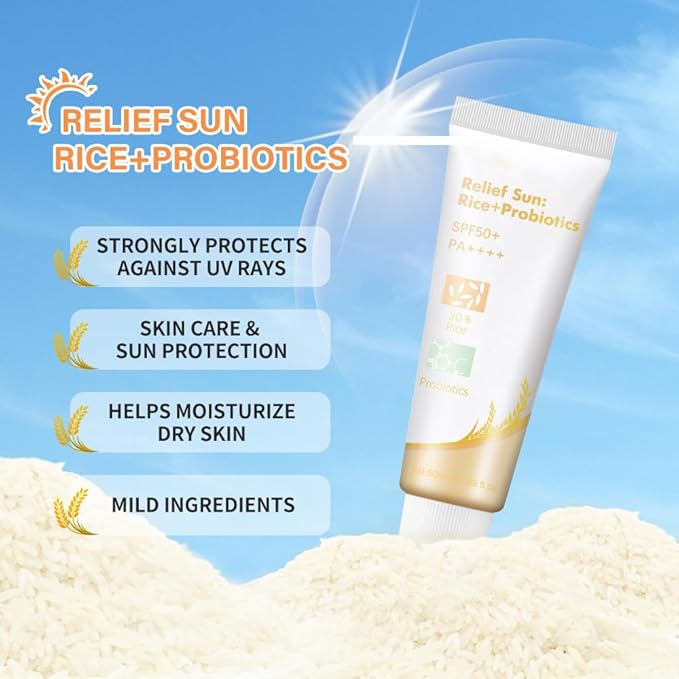 Rice Probiotic Sunscreen, Sun Relief Organic Sunscreen SPF50+, PA++++, Face Sunscreen with Niacinamide, Vitamin E, Zinc Oxide for All Skin Types