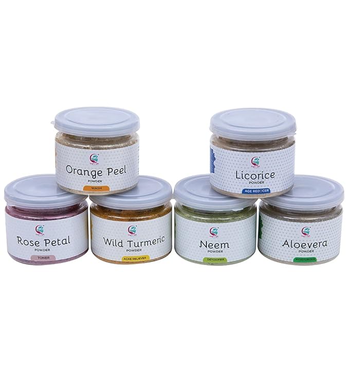 Ayurvedic Skin Care Sampler | Six Powders in One Pack | Aloe vera Powder, Rose Powder, Wild Turmeric Powder, Licorice Powder, Neem Powder & Orange Peel Powders 1oz Each | Soap Making Ingredient