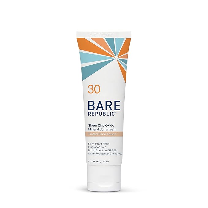 Bare Republic Tinted Mineral Sunscreen SPF 30 Sunblock Face Lotion, Sheer and Non-Greasy Finish, 1.7 Fl Oz