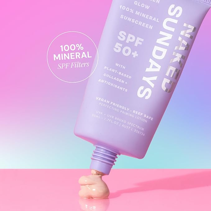 SPF50+ Collagen Glow 100% Mineral Sunscreen, Hydrating 100% Mineral Sunscreen With Zinc Oxide, Vegan Collagen, Primer & A Sheer Tint for Healthy Glow (50ml)