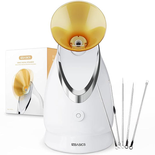 EZBASICS Facial Steamer Ionic Face Steamer for Home Facial, Warm Mist Humidifier Atomizer for Face Sauna Spa Sinuses Moisturizing, Unclogs Pores, 1 Pack + 5 Stainless Steel Skin Kit Golden Yellow