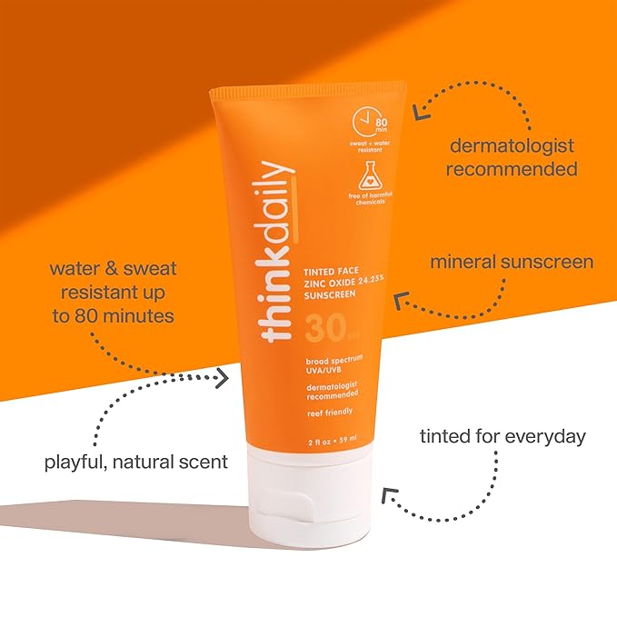 Thinkdaily Tinted Sunscreen for Face, SPF 30, 24.25% Zinc Oxide, 2 Oz, Safe, Natural, Water Resistant Reef Safe Sunscreen, All Skin Tones, Broad Spectrum UVA/UVB Sun Screen for Sun Protection