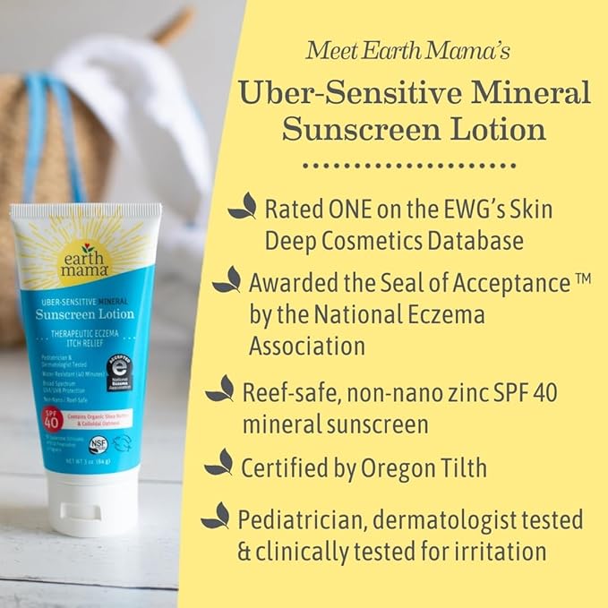 Earth Mama Uber-Sensitive Mineral Sunscreen Lotion SPF 40 | Reef Safe, Non-Nano Zinc, Contains Organic Colloidal Oatmeal | Steroid-Free Eczema Cream for Baby, Kid & Family, 3-Ounce