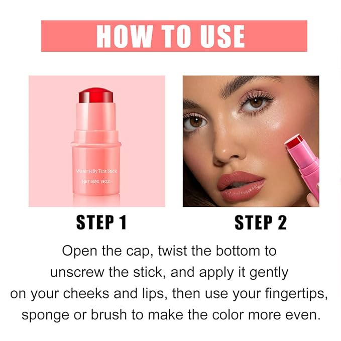 Water Jelly Tint Blush Stick Lipstick,3-in-1 Cheek Blush Stick Lip Tinted,Natural Lasting Blush Lip Gloss Stick Blusher,Matte Blush Eyeshadow Lip Highlighter Makeup,Sheer Lip & Cheek Stain