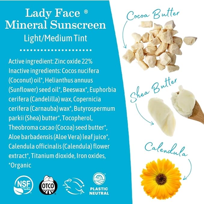 Earth Mama Lady Face® Tinted Mineral Sunscreen Face Stick SPF 40 Light/Medium Tint | Contains Organic Shea & Cocoa Butter | Foundation + Concealer Blends with Most Skin Tones