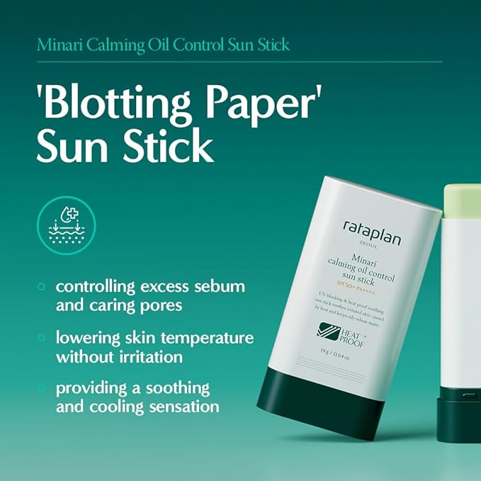 Rataplan Minari Calming Oil Control Sun Stick SPF 50+ PA++++ - Korean Sunscreen Stick for Face, Matte Sunscreen for Oily Skin, Reef Safe, Broad Spectrum, No White Cast, Korean Skincare