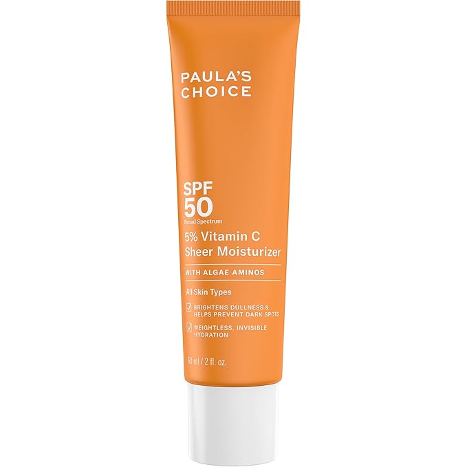 Paula’s Choice 5% Vitamin C Sheer Moisturizer SPF 50, Lightweight Invisible Broad-Spectrum Sunscreen, Brightens Dullness, Prevents Dark Spots, For All Skin Types Including Blemish-Prone, 2 Fl Oz.