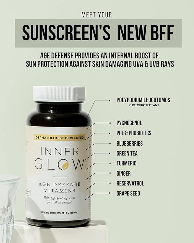 Inner Glow Age Defense Vitamins - Dermatologist and Plastic Surgeon Developed to Fight photoaging and Melasma, Polypodium Leucotomos and Pycnogenol