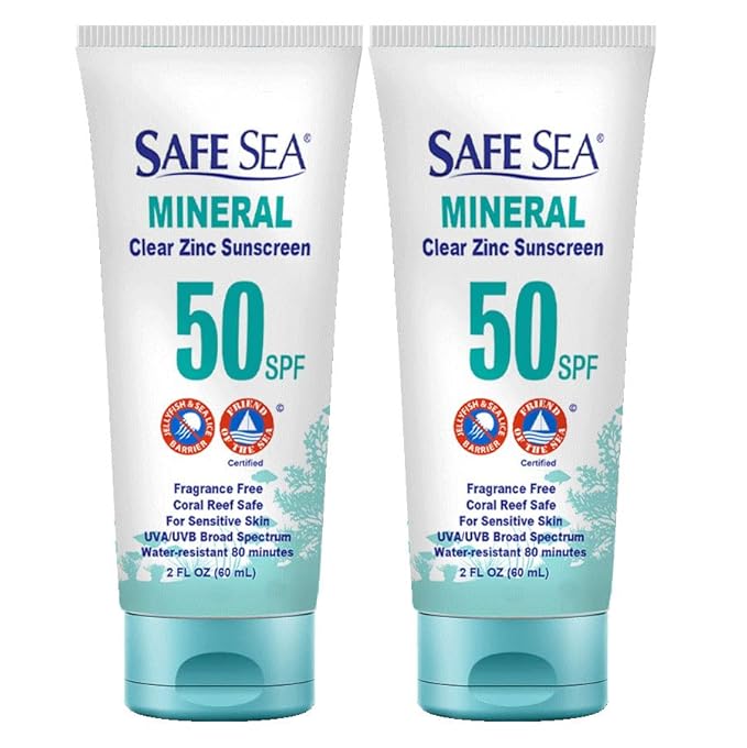 Safe Sea Zinc Oxide Sunscreen SPF50 | Clear Mineral Face Sunscreen Without White Cast | Anti-Jellyfish Sting Protective Lotion | Coral Reef Safe | Travel Size - 2Oz (60ml), Pack of 2