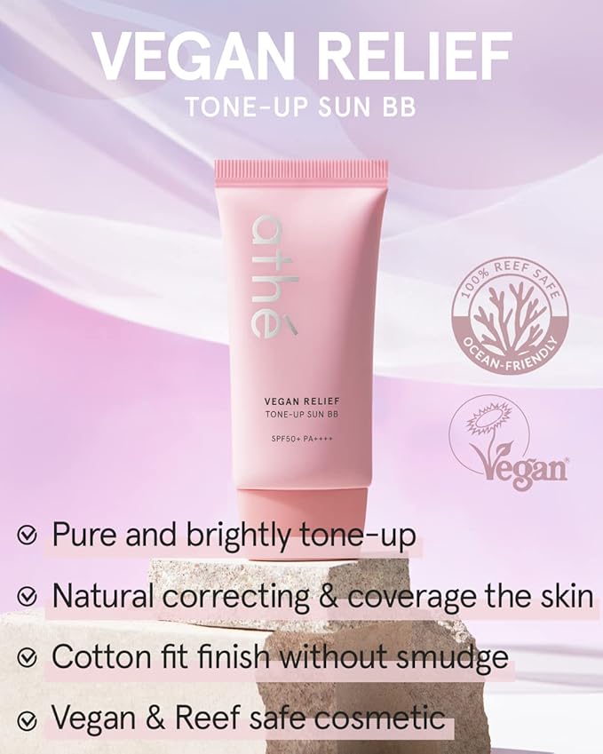 ATHE Vegan Relief Sun BB SPF50+ PA++++, Korean Sunscreen, Zinc Oxide Tone Up Cream, Tone & Texture Correction, Long-Lasting No Sebum Pore Coverage, Reef-safe, 2.36oz.