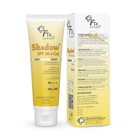 Fixderma Shadow SPF 30+ Gel, Dermatologist tested Offers SPF 30 +, Broad Spectrum UVA and UVB Protection, Water resistant sunscreen, Non-greasy sunscreen, Offers PA++ Protection, SPF 30 Gel- 2.6Oz