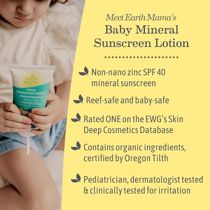 Earth Mama Baby Mineral Sunscreen Lotion SPF 40 | Reef Safe, Non-Nano Zinc, Natural Water Resistant Sun Cream for Babies, Kids & Adults, 3-Ounce (2-Pack)