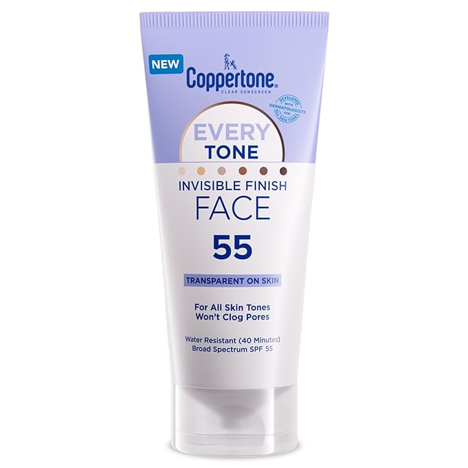 Coppertone Every Tone Invisible Finish Face Sunscreen Lotion SPF 55, Lightweight, Blends in Clear Sunscreen for All Skin Tones, 2 Fl Oz Tube