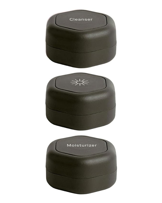 Cadence Travel Containers - Basic Skincare Set - Magnetic Travel Capsules - Facial Cleanser, Moisturizer, Sunscreen - 3 Small Capsules (0.56oz) with Cleanser, Moisturizer & Sun-Icon Labels - Charcoal