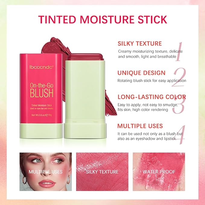 Multi-Use Makeup Blush Stick, Tinted Solid Moisturizer On-the-Go Hot Red)