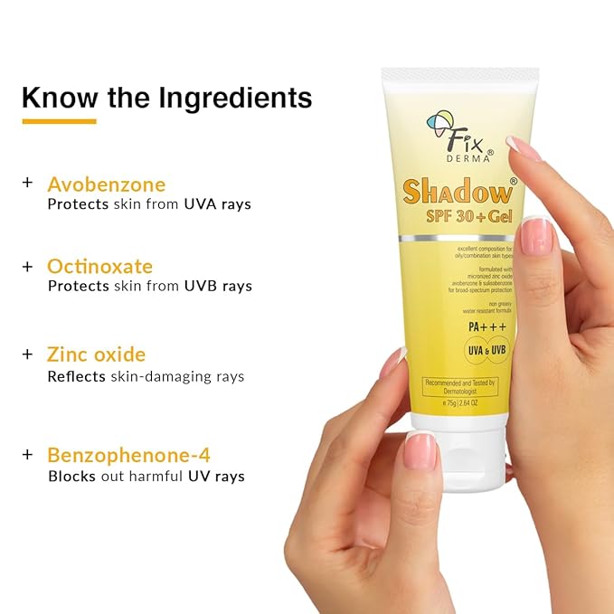 Fixderma Shadow SPF 30+ Gel, Dermatologist tested Offers SPF 30 +, Broad Spectrum UVA and UVB Protection, Water resistant sunscreen, Non-greasy sunscreen, Offers PA++ Protection, SPF 30 Gel- 2.6Oz