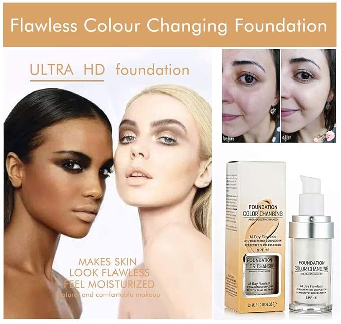 Flawless Colour Changing Warm Skin Tone Foundation,Naturally Blends Face 30ML