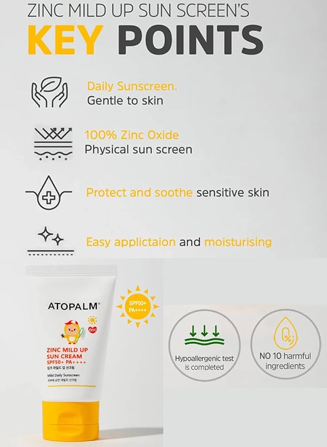 ATOPALM Zinc Mild Up Sun Cream SPF50+ PA++++ 65g, Dry Skin Moisturizing MLE Sun Protection, Korean Mineral Sunscreen