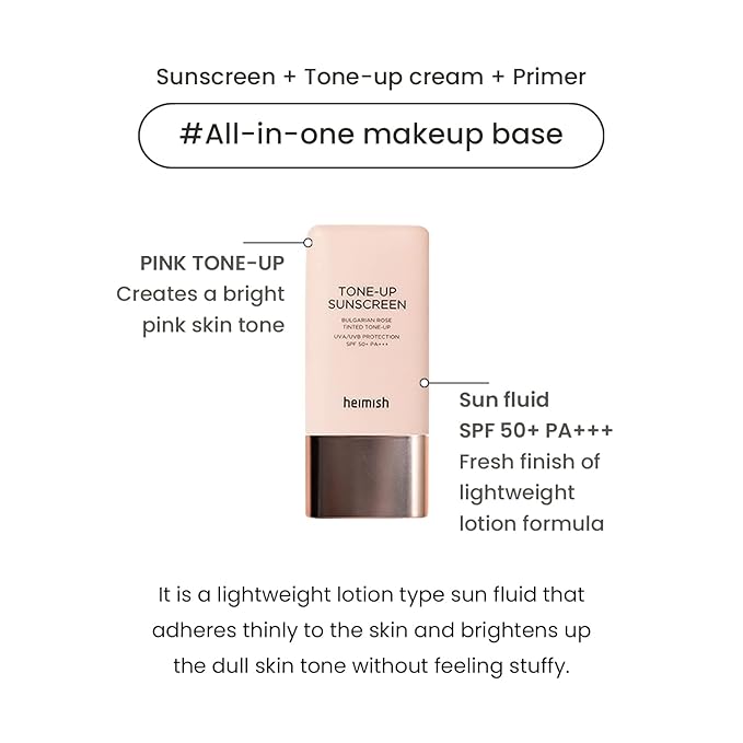 heimish Bulgarian Rose Tone-up Sunscreen SPF50+ PA+++ 1.01 fl.oz / 30ml | All-In-One Make up sunscreen | UV Protection, Primer, Tone up, moisture Facial cream, Korean Beauty